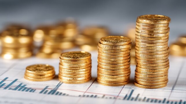 Stacks of gold coins on a financial graph.