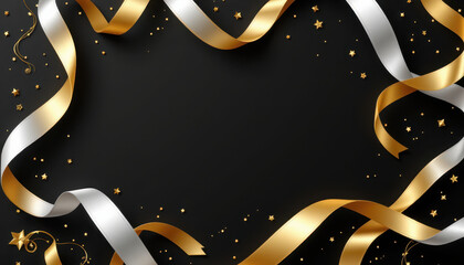 Elegant gold and silver ribbons swirl across black background, adorned with sparkling stars, creating festive and celebratory atmosphere perfect for invitations or announcements