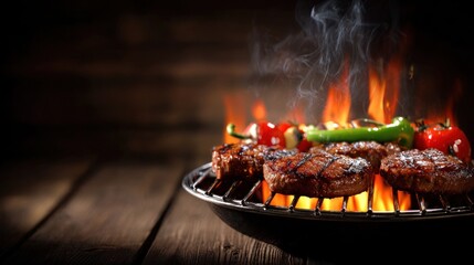 Grilled meat and vegetables on a flaming grill.