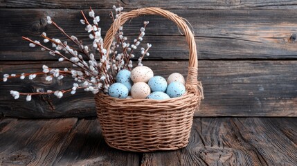 A wicker basket filled with colorful Easter eggs and a willow branch on a rustic wooden table.
