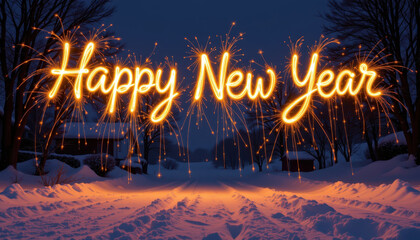Happy New Year celebration with sparkling fireworks illuminating snowy landscape, creating festive and joyful atmosphere. scene captures essence of winter festivities and new beginnings