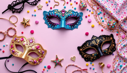 Colorful party masks arranged on pink background, surrounded by decorative items like beads, stars, and fabric. vibrant colors and playful elements create festive atmosphere