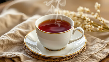 Steaming cup of tea sits elegantly on woven coaster, surrounded by soft fabric and delicate flowers, creating warm and inviting atmosphere