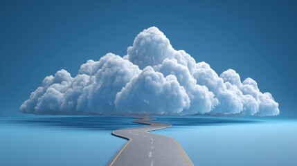 A winding road leading to a large cloud in the sky.
