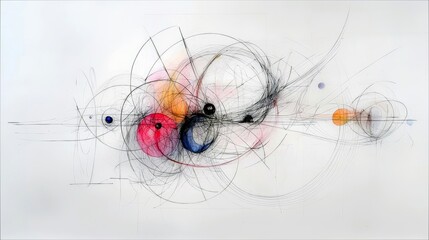 An abstract composition featuring overlapping circles, dynamic lines, and colorful spheres, rendered with delicate strokes on a white background.