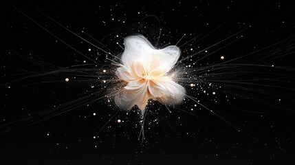 A luminous, abstract form resembling a delicate flower or nebula emanates light and fine strands against a dark void, with scattered glowing particles.