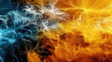 A dynamic abstract composition featuring glowing, branching tendrils in vibrant blue and yellow hues against a dark, textured background.