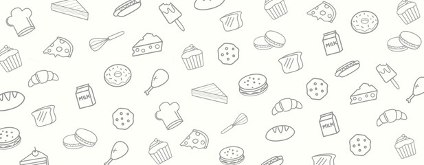 Seamless food doodle pattern featuring hand-drawn bakery and snack icons. Perfect for packaging, wrapping paper, backgrounds, fabrics, and playful graphic designs.
