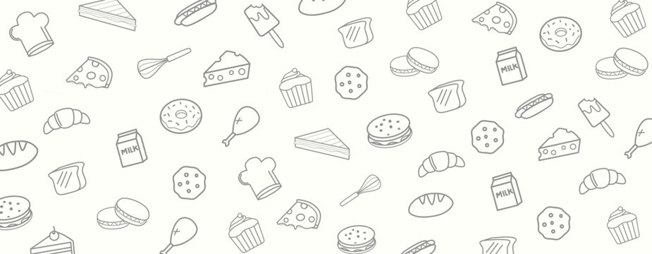 Seamless food doodle pattern featuring hand-drawn bakery and snack icons. Perfect for packaging, wrapping paper, backgrounds, fabrics, and playful graphic designs.
