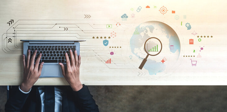 A concept of global market analysis and e-commerce business growth. Researching worldwide trends, sales data, and customer ratings for success. Motif - Powered by Adobe