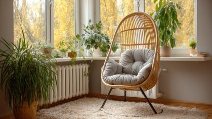 Relaxing wicker hanging chair in a cozy room.