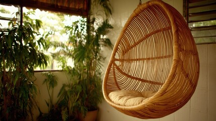 Woven hanging chair with a beige cushion in a sun-drenched room.