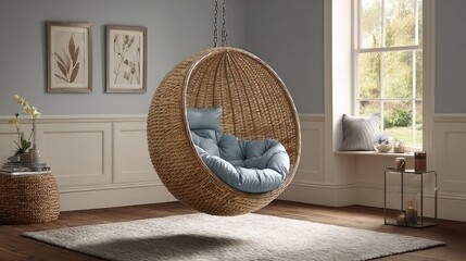 Woven hanging chair in a light-filled room.