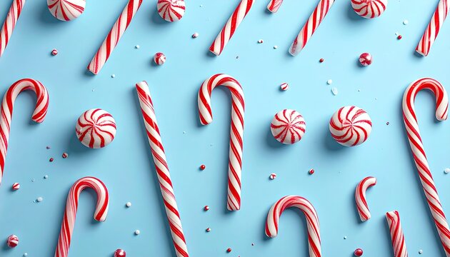 Candy canes and peppermint candies on a light blue backdrop