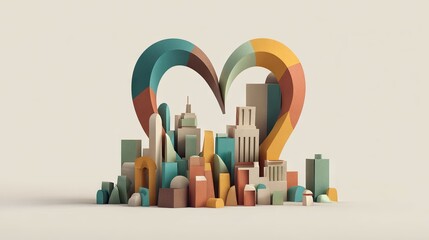 Abstract cityscape design with heart-shaped element.