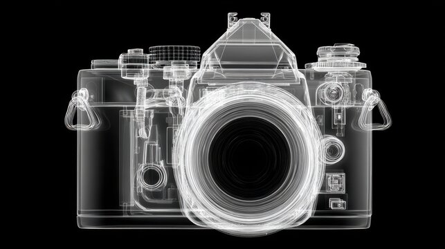 X-ray photograph of a digital camera showing internal components and lens structure on black background
