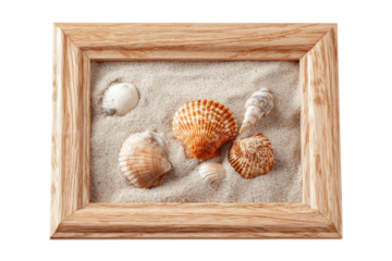 Seashells on sand within a rustic, light-wood frame