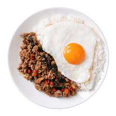 Thai food, Stir fried holy basil with minced pork with cooked rice and fried egg on top