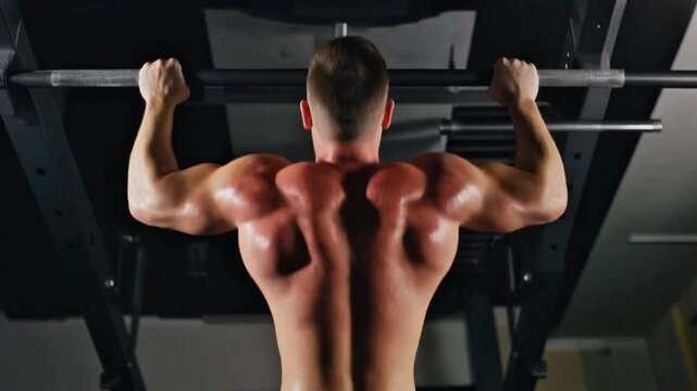 Muscular man performs pull-ups in a gym, showcasing strength and a sculpted back.