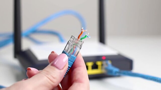 Cut Ethernet Cable with Exposed Internal Wires. Network Setup and Repair with Colorful Wires. Hand Holding a Severed Internet Cable.