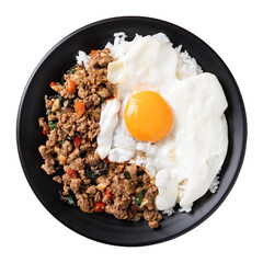 Thai food, Stir fried holy basil with minced pork with cooked rice and fried egg on top