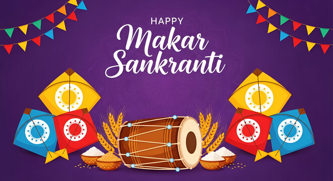 Kites and dholak drum for the hindu festival of makar sankranti celebration on purple