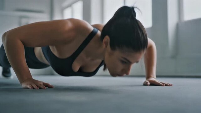 Young woman in sportswear performs push-ups on the floor during intense workout