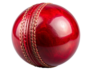 Red Leather Cricket Ball Front View with Seam Detail, Sports Equipment PNG 
