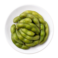 Boiled Edamame beans (Japanese soybeans) on white plate, Top view	