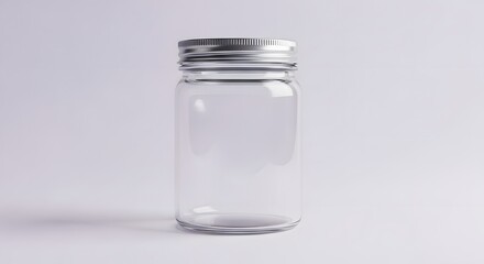 Empty Clear Glass Jar with Silver Metal Screw Cap, Isolated on White Background