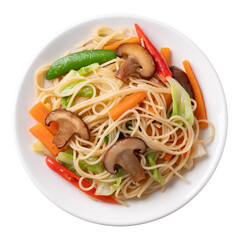 Vegetarian stir fried noodles with mushroom and vegetables with soy sauce, Top view