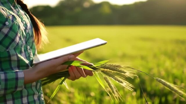 Person in Sunlit Field Holding Tablet and Wheat. Technology Integration in Agriculture. Warm Golden Sunlight on Farming Scene.