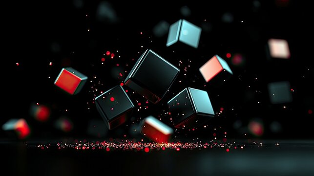 Several dark, reflective cubes with red accents are suspended in mid-air against a black background, with small red particles scattered around.