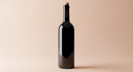 Elegant Dark Red Wine Bottle with Cork on Beige Background