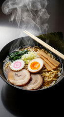 Steaming ramen noodles rich broth soft boiled egg chopsticks