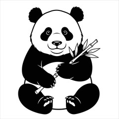 Obraz premium A cute sitting panda bear holding bamboo, rendered in black and white vector artwork on a white background.