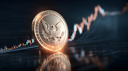 Dollar coin glowing in front of a chart moving