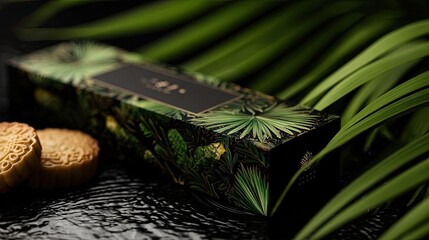Elegant gift box with tropical design, displaying two traditional pastries.