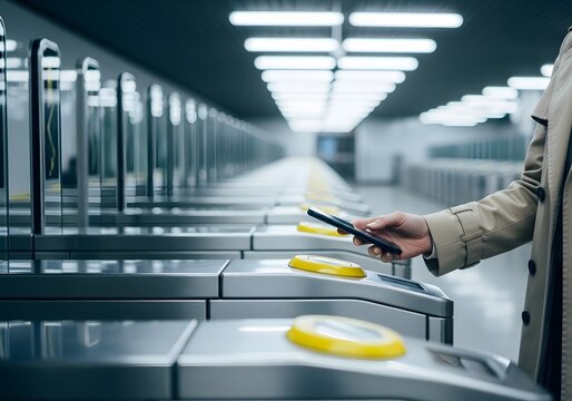Hand Tapping Smartphone on Subway Turnstile for Contactless Payment, Modern Public Transport - Powered by Adobe