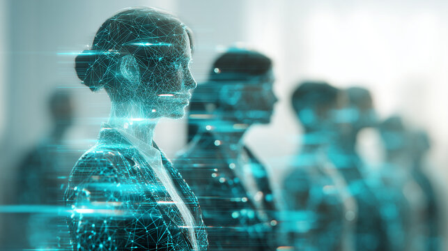 male and female business professionals with digital wireframe hologram heads featuring glowing AI symbols, illuminated by flowing blue-cyan-green light that creates futuristic energy