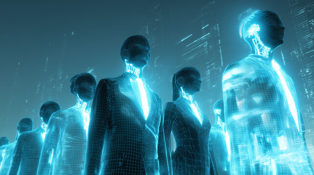 male and female business professionals with digital wireframe hologram heads featuring glowing AI symbols, illuminated by flowing blue-cyan-green light that creates futuristic energy