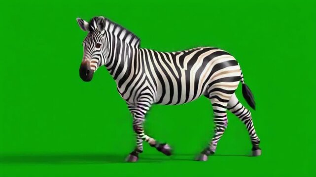 Animated zebra walking across a green screen background in a cartoon style rendering zebra green screen video