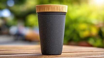 Dark gray tumbler with a bamboo lid sits on a wooden surface.