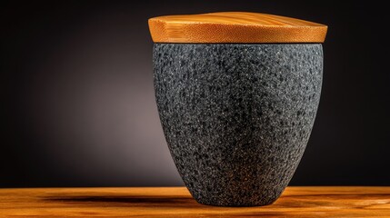 Dark gray stone container with a wooden lid.