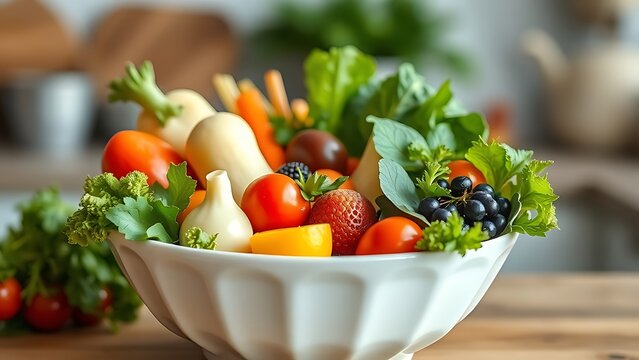nosedive. Heart-healthy diet with colorful vegetables and fruits in bowl. menu design, packaging mockups, designed for culinary blogs and recipe cards for restaurants, used by motion designers.