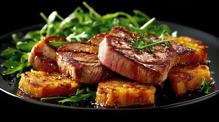 Grilled steaks with roasted pumpkin and salad.