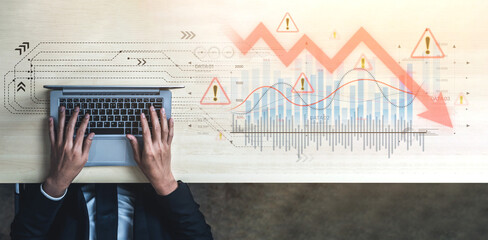 Economic caution visualized with fluctuating market graph, alert symbols, and negative data trends....