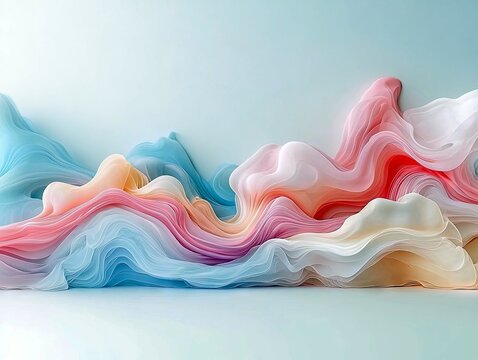 Soft, flowing waves of sheer fabric in a gradient of pastel colors create an abstract, ethereal landscape. - Powered by Adobe