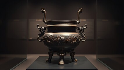 shang. A bronze ritual vessel from the Shang Dynasty displayed in a museum. event programs, museum guides, designed for cultural heritage projects and event programs, used by clinicians.