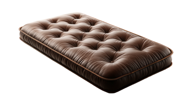 Buttoned, brown, leather cushion with trim detail